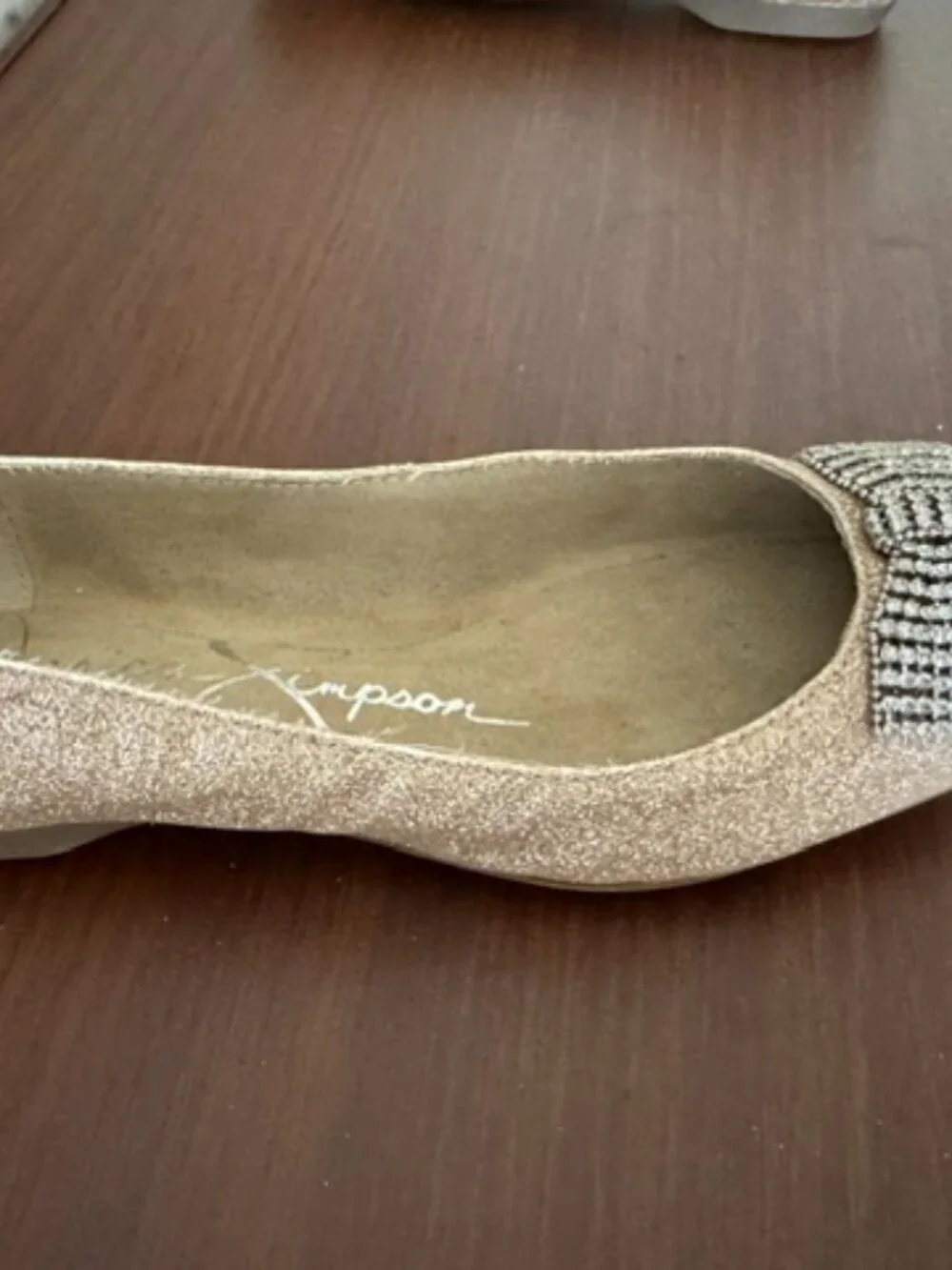 Jessica Simpson Gold Glitter Rhinestone Bow Flats Square Toe Size 6M